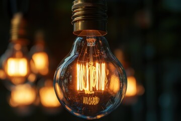 Vintage Edison Light Bulb Hanging with Filament Glowing and Bokeh Background.