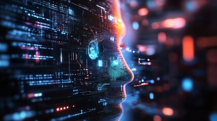 A computer generated face with a green eye and a blue background