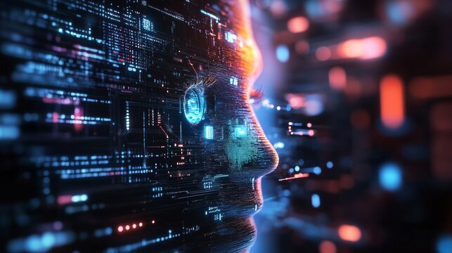 A computer generated face with a green eye and a blue background