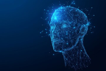 Obraz premium Futuristic Biometric Identification Human Head in Low Poly Style on Blue Dark Background - Vector Illustration