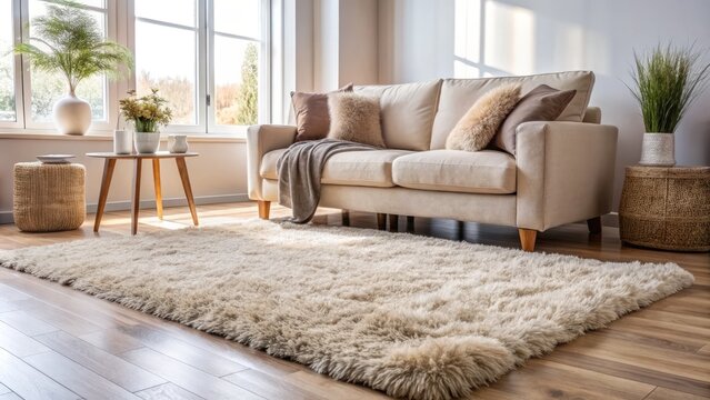 Cozy fuzzy rug with soft, plush pile and subtle sheen adds warmth and texture to a serene, minimalist living room interior with natural light.