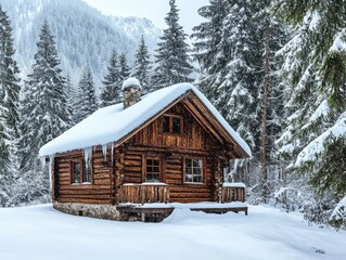 Cozy Wooden Cabin in Snowy Forest Landscape, Winter Wonderland