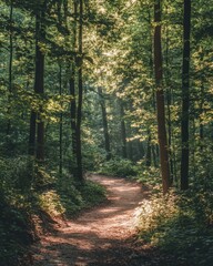 Fototapeta premium Sunlit Forest Path with Lush Greenery and Sunlight Streaming Through Trees