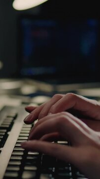 Portrait Display. Coding and creating programs, Girl sits at table and works with laptop, Computer keys - hands of girl creating code by pressing keys, Remote work from home work at a distance