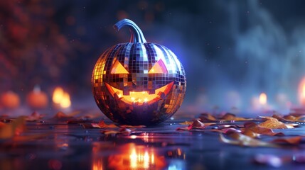 Futuristic Neon Jack-O'-Lantern with Disco Ball Design and Smoke in Halloween Decor