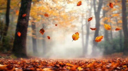 Autumn Leaves Falling in the Air, Enchanting Forest Scene