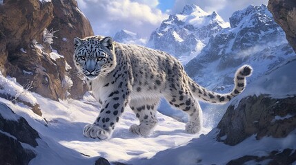 Fototapeta premium Snow Leopard Prowls Through Snowy Mountain Landscape