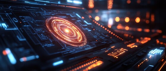 Obraz premium Futuristic Technology Interface with Glowing Orange and Blue Lights.