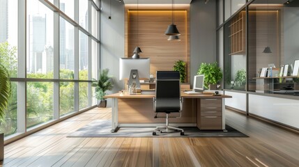 Fototapeta premium An empty office background with sleek, modern furniture, a large desk, ergonomic chairs, and a clean, organized layout that promotes focus and efficiency, perfect for professional settings