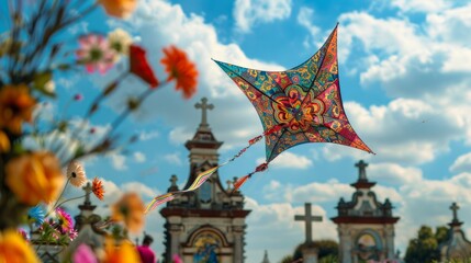 Fototapeta premium Colorful giant kite flying over Guatemalan cemetery