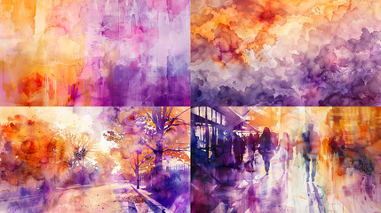 Vibrant watercolor washes of vintage pastels, dynamic purples and oranges, creating a lively and artistic vintage scene 