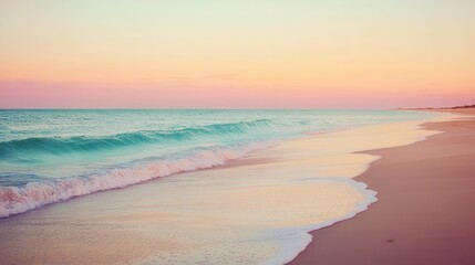 Fototapeta premium Beautiful Pastel Sunset Over Calm Ocean Waves and Sandy Beach
