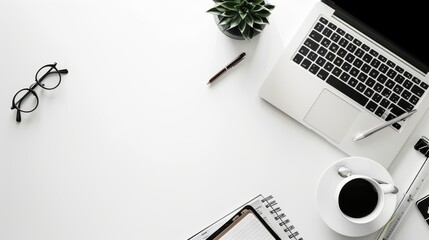 A minimalist and clean background featuring a simple desk with a laptop, a cup of coffee, and a few essential office supplies, set against a white backdrop, perfect for a productive work environment