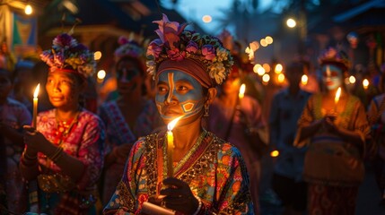 Fototapeta premium Fet Gede procession with candles and face paint