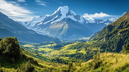 Obraz premium Majestic Snow-capped Mountain Peak in a Lush Green Valley with Blue Sky and Clouds