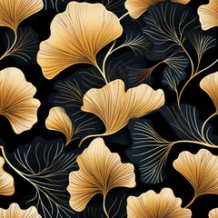 Golden Gingko Leaves on a dark background, Gingko Background, Floral Background, Luxury Texture, Seamless Pattern, Floral Background, Wallpaper