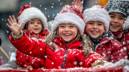 A group of children are smiling and waving in the snow