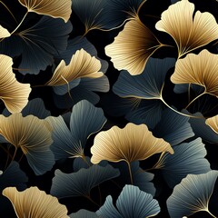 Golden Gingko Leaves on a dark background, Gingko Background, Floral Background, Luxury Texture, Seamless Pattern, Floral Background, Wallpaper