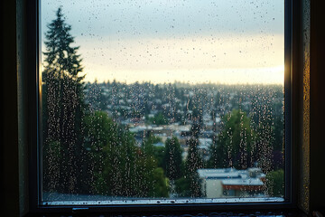 Fototapeta premium A solitary moment, gazing through a rain-kissed window, where nature weeps gently as the world outside comes alive.