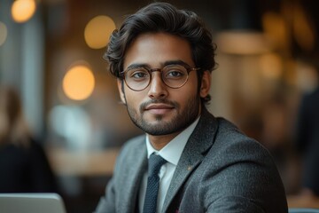 Fototapeta premium confident indian businessman working intently on laptop in modern office warm lighting accentuating his focused expression and professional attire
