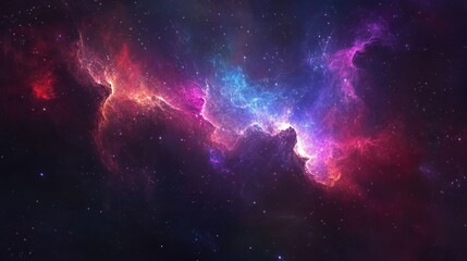 Fototapeta premium Cosmic Nebula Background with Vibrant Pink, Blue and Red Hues, Sparkling Stars, and Dark Space.