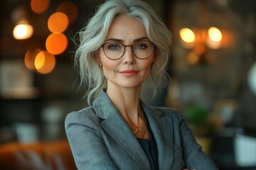 Obraz premium confident silverhaired businesswoman in tailored suit standing in stylish home office warm lighting accentuating her experience and authority