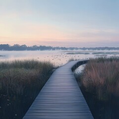 Obraz premium Misty Morning Fog Over a Lake With a Wooden Pathway.