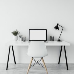 Minimalist White Desk with Black Metal Legs and White Chair in a Modern Office Setting.