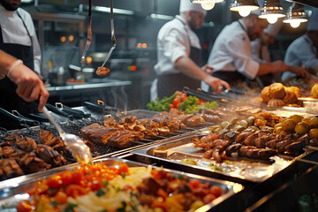 Obraz premium A buffet table with a variety of meats and vegetables generative ai.