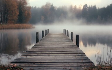 Fototapeta premium Wooden Dock Extending Into Misty Lake with Autumn Trees in Background.