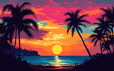 Obraz premium Vibrant Sunset Over Tropical Beach with Silhouetted Palm Trees.