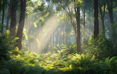 Obraz premium Sunbeams Filtering Through Lush Rainforest Canopy.