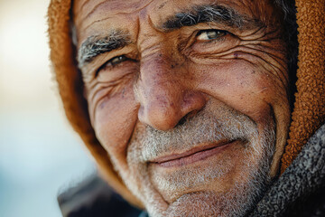 A Heartwarming Portrait of an Elderly Man Reflecting Wisdom and Lifes Journey, Captured in a Moment of Joy