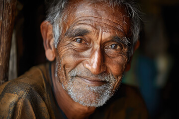 Fototapeta premium A weathered face of wisdom, radiating warmth and stories untold; an elderly man shares his gentle smile and rich life experience.