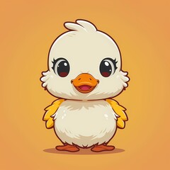 Naklejka premium Cute cartoon duckling with big eyes and fluffy feathers on an orange background.