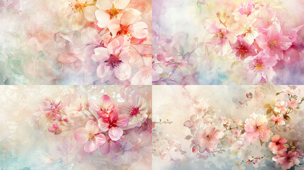 Watercolor blended colors, soft pastels of delicate blossoms, creating a dreamy and charming background