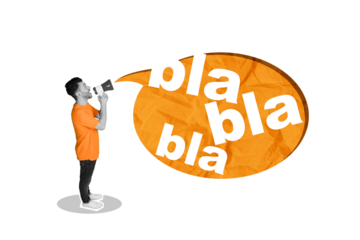 Creative collage of mini black white effect guy hold speak loudspeaker toa big dialogue bubble bla blah isolated on purple background