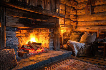 A warm, inviting fire crackles in a rustic cabin, casting a soft glow on wooden logs and plush blankets surrounding the scene.