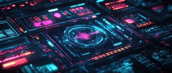 Obraz premium Futuristic Neon Interface with Digital HUD and Glowing Elements.