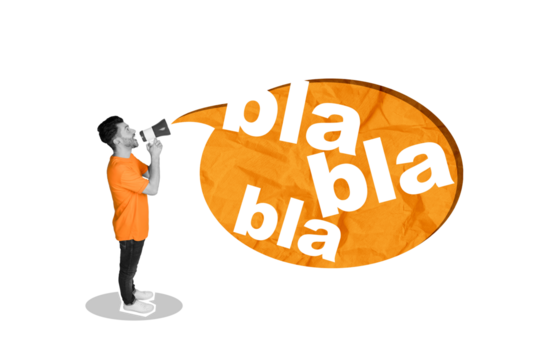 Creative collage of mini black white effect guy hold speak loudspeaker toa big dialogue bubble bla blah isolated on purple background