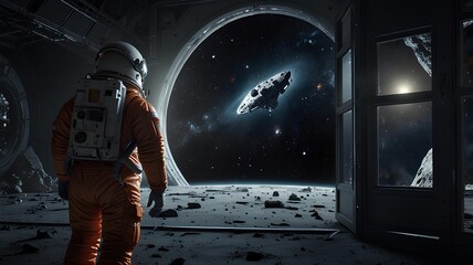 The astronaut is looking at the huge illuminator and an unknown spaceship interior at an empty galaxy.