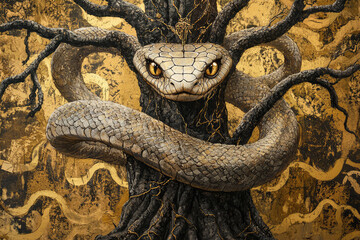 Fototapeta premium A majestic serpent entwines a tree of knowledge, its golden gaze reflecting wisdom and mystery in a captivating atmosphere.