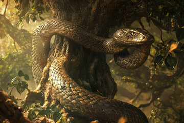 Fototapeta premium A Serpent Coils Comfortably Around the Majestic Tree of Knowledge, Emanating Mystique and Ancient Wisdom in a Lush Forest Scene.