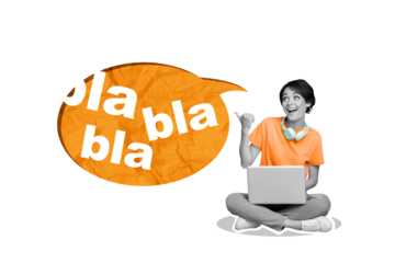 Artwork collage picture of excited mini black white colors girl use netbook point finger huge dialogue bubble bla blah isolated on violet background