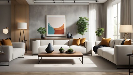 Modern living room with fireplace featuring contemporary design, sofa, lamp, and stylish decor