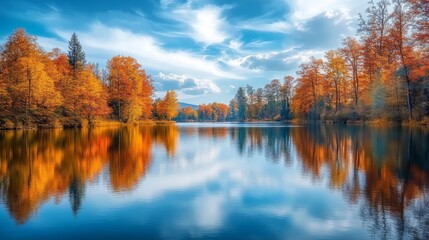 Obraz premium Autumn Trees Reflected in a Still Lake Under a Blue Sky