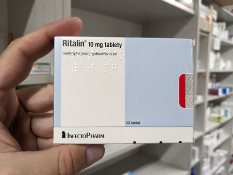Prague,Czech Republic-August 10 2024: RITALIN box of medication with METHYLPHENIDATE active substance by NOVARTIS,used for treatment of ADHD,narcolepsy.

