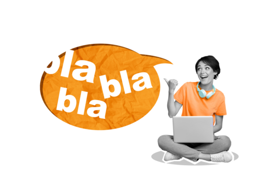 Artwork collage picture of excited mini black white colors girl use netbook point finger huge dialogue bubble bla blah isolated on violet background