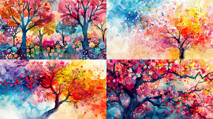 Watercolor blooms/backruns, bold tree designs with dynamic colors, creating a vibrant and intricate background
