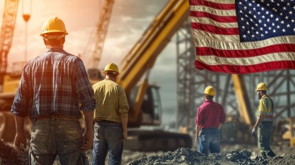 A construction crew working together on a large infrastructure project, with heavy machinery in the background, workers in hard hats communicating via hand signals, and an American flag flying high,